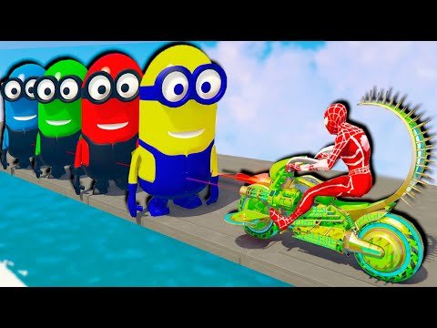 Spider Man and Motorcycle VS red Minion and green Minion! Gta 5 Water Ragdolls Motorcycles Parkour