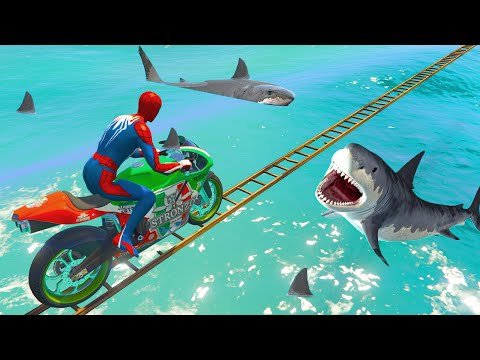 Spider Man on Motorcycle drive over ladder Shark Challenge! Hulk Wolverine Ironman Joker over Sharks