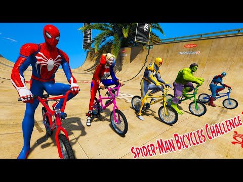 Homem Aranha e Heróis Desafio em Motos, Carros, Caminhões e Bicicletas Spider-Man Bicycles Challenge