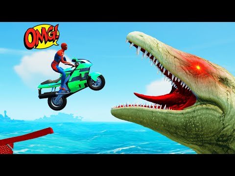 Spider Man Drive Motor fly in Sea Monster Mouth – Racing Challenge Obstacle Course Competitive