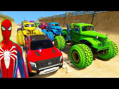 SPIDERMAN CARS Monster Trucks Mega Rampa Challenge ! SUPERHERO HULK Iron Man Goku Racing – GTA V