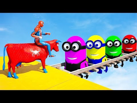 GTA 5 Crazy Ragdolls Spiderman Cow On Minions Bridge Parkour (Euphoria Physics & Funny Jumps/Fails)