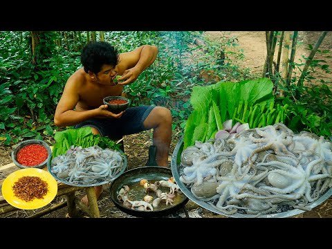 Cooking Spider Squids BBQ Salad Recipe Eating with Fresh Chili Spicy Sauce so Delicious
