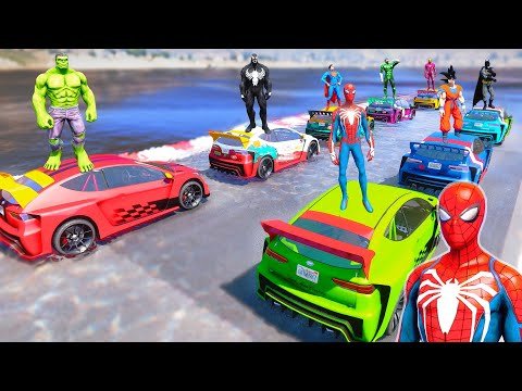 SPIDERMAN Cars Race on Ramps and Deep Water Spider-Man Venom Goku Batman Hulk Challenge – GTA 5