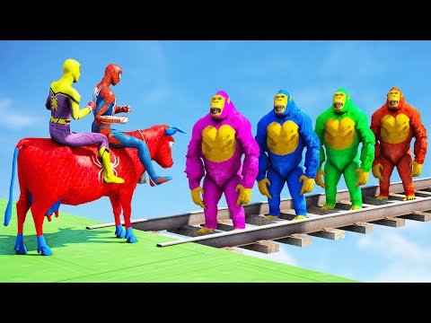 GTA 5 Funny Ragdolls Red Spiderman Cow On Gorilla Bridge Parkour (Jumps/Fails Euphoria Physics)