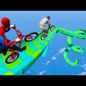 Spider-man Bicycle and Franklin Stunt Race Challenge on Waterslide – GTA 5