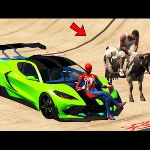 Spider-man Car and Franklin Cow Mega Ramp Long Jump Challenge – GTA 5