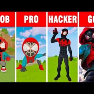 Minecraft NOOB vs PRO vs HACKER vs GOD: SPIDER-MAN MILES MORALES STATUE BUILD CHALLENGE in Minecraft