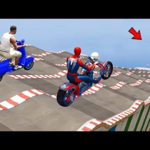 Spider-man Motorcycle and Franklin Vespa Mega Ramp Race Challenge – GTA 5