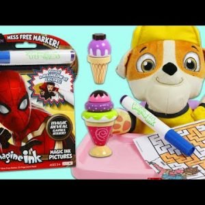 Feeding Paw Patrol Baby Rubble Ice Cream Cone & Learning with Spider Man Imagine Ink Coloring Book!