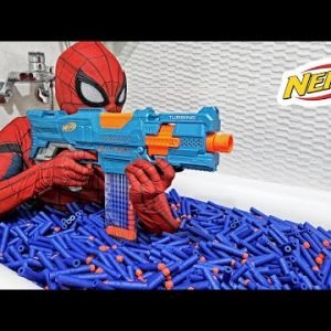 Spider Man Nerf Gun 10,000 Bullets shower ( Live Action Nerf First Person Shooter )