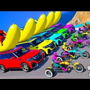 GTA V Race With Colored-Spiderman Team & Spider-Venom By Super Cars ,Super Bikes & Banana Boats