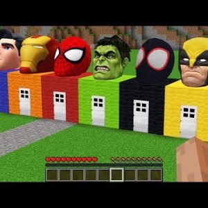 What INSIDE HOUSES SUPERHEROES! IRON MAN! SPIDER MAN! SUPERMAN! HULK! MILES MORALES! in Minecraft!