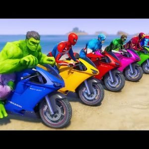 SPIDERMAN Racing Challenge Over Beach With Superheroes HULK IRON MAN SUPERMAN GOKU  – GTA