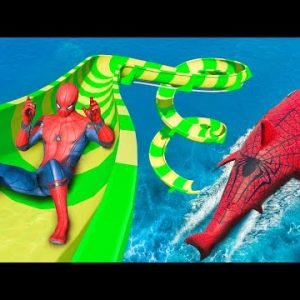 GTA 5 Water Slides | Spider-Shark vs SPIDERMAN Jumps/Fails (Ragdolls & Funny Moments)