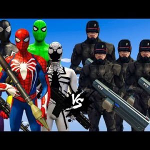 Spider-man, Green Spiderman, Yellow Spiderman, White Spiderman, Black Spiderman VS Robocop Army