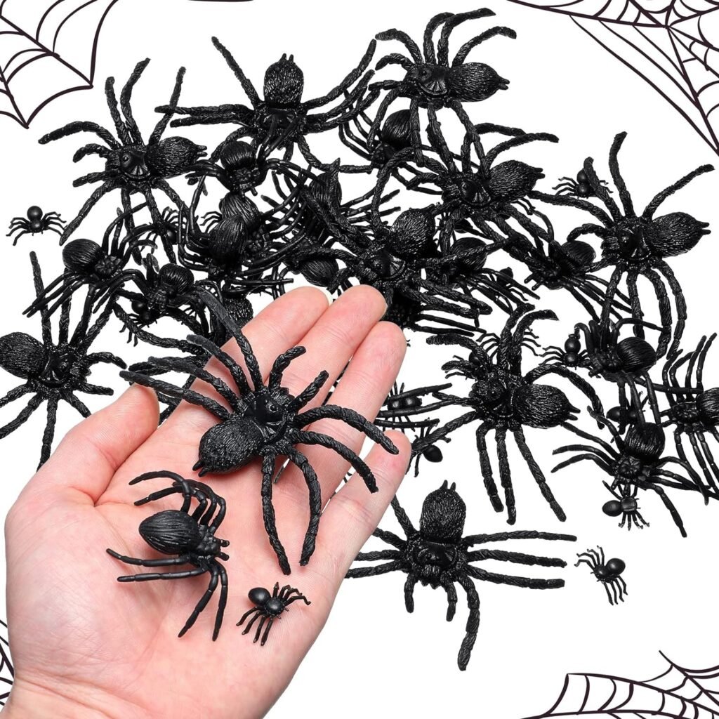 Chivao 60 Pieces Realistic Plastic Spiders Plastic Halloween Spiders Halloween Pranks Scary Spiders for Boys Teens Adults Halloween Prank Props, 3 Size (Cute Style, Large)