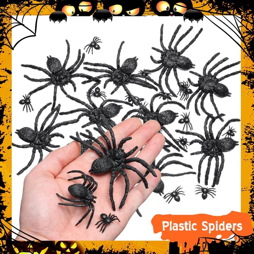 Chivao 60 Pieces Realistic Plastic Spiders Plastic Halloween Spiders Halloween Pranks Scary Spiders for Boys Teens Adults Halloween Prank Props, 3 Size (Cute Style, Large)