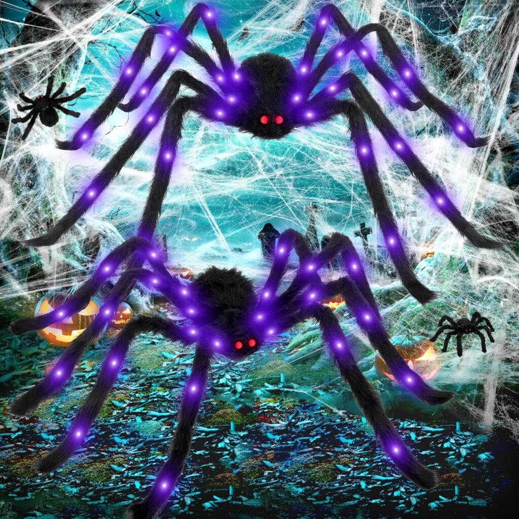 Colovis Halloween Spider Decorations, 2 x 4 FT Giant Spider and 2 x 1 FT Large Scary Spider, Realistic Light up Hairy Spider Props for Outdoor Indoor Party Decorations