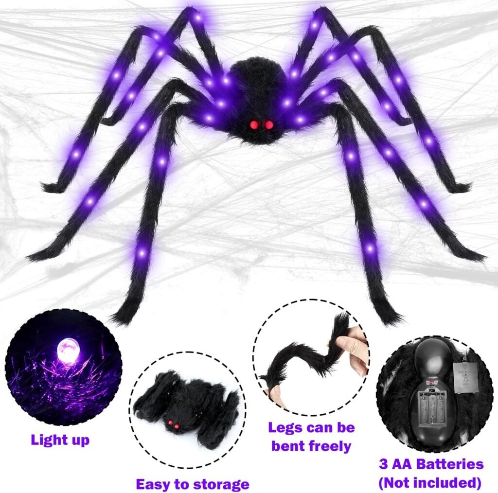 Colovis Halloween Spider Decorations, 2 x 4 FT Giant Spider and 2 x 1 FT Large Scary Spider, Realistic Light up Hairy Spider Props for Outdoor Indoor Party Decorations