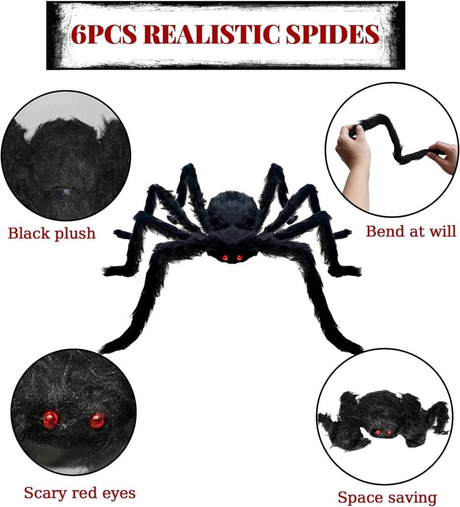 Hidreamz 6 Pcs Giant Halloween Spiders Decorations Indoor Realistic Hairy Halloween Spiders Sets for Outdoor Yard Home Decor