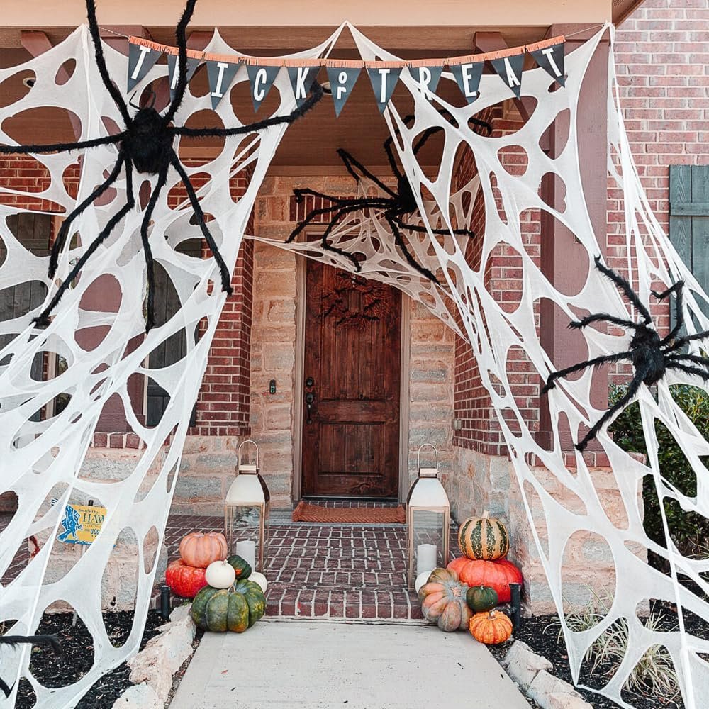 AKEROCK Giant Spider Webs Halloween Decorations Outdoor, Stretchy Gauze Cobwebs, Cut-Your-Own Fake Spider Webbing for Halloween Decor Outside House - White