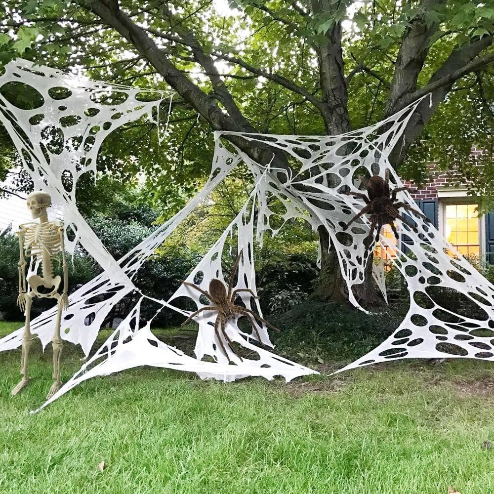 AKEROCK Giant Spider Webs Halloween Decorations Outdoor, Stretchy Gauze Cobwebs, Cut-Your-Own Fake Spider Webbing for Halloween Decor Outside House - White