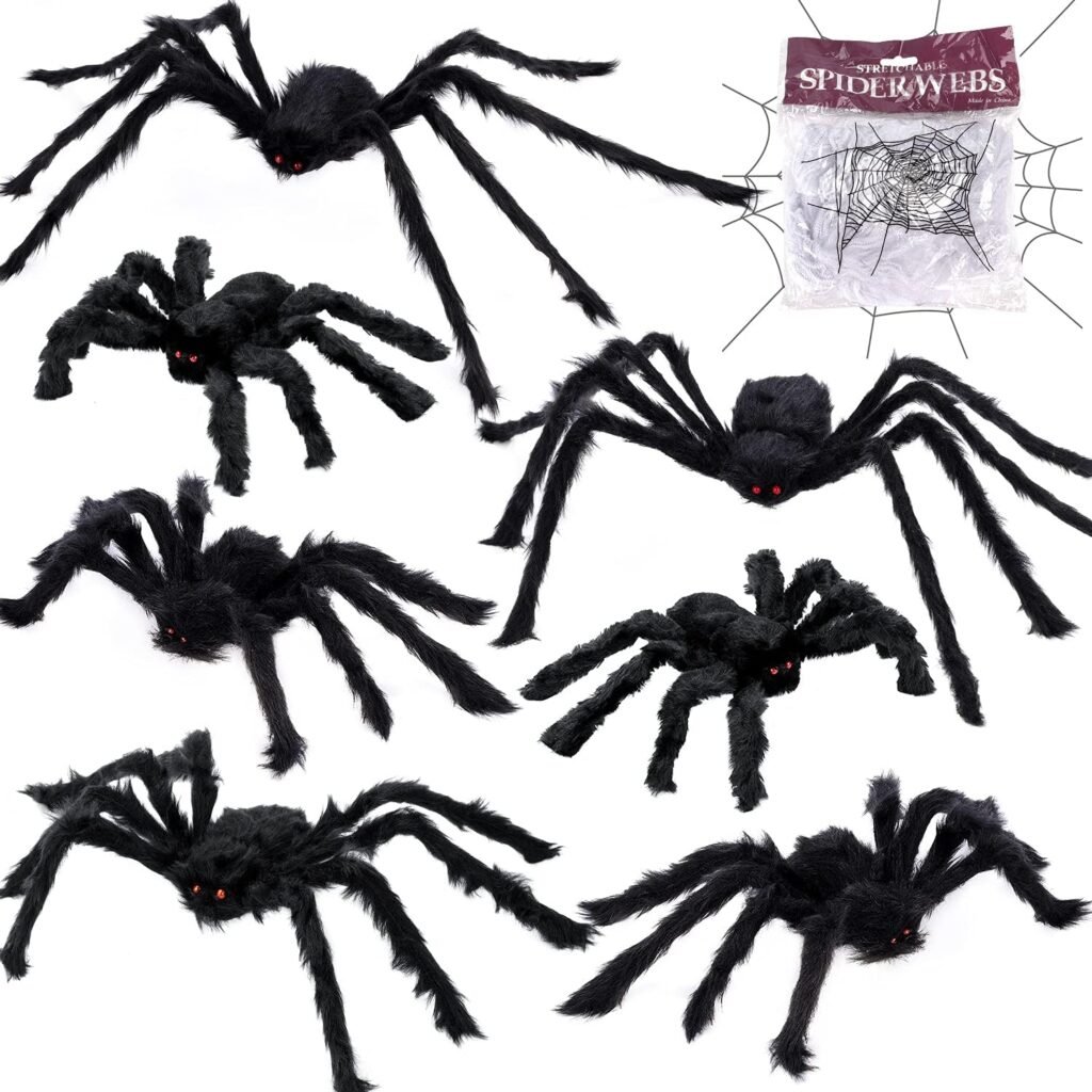 AOJOYS Giant Spider Halloween Decorations 7 PCS, Realistic Giant Halloween Spider Scary Halloween Yard Decorations, Hairy Large Halloween Spider for Indoor Outdoor Party Decorations