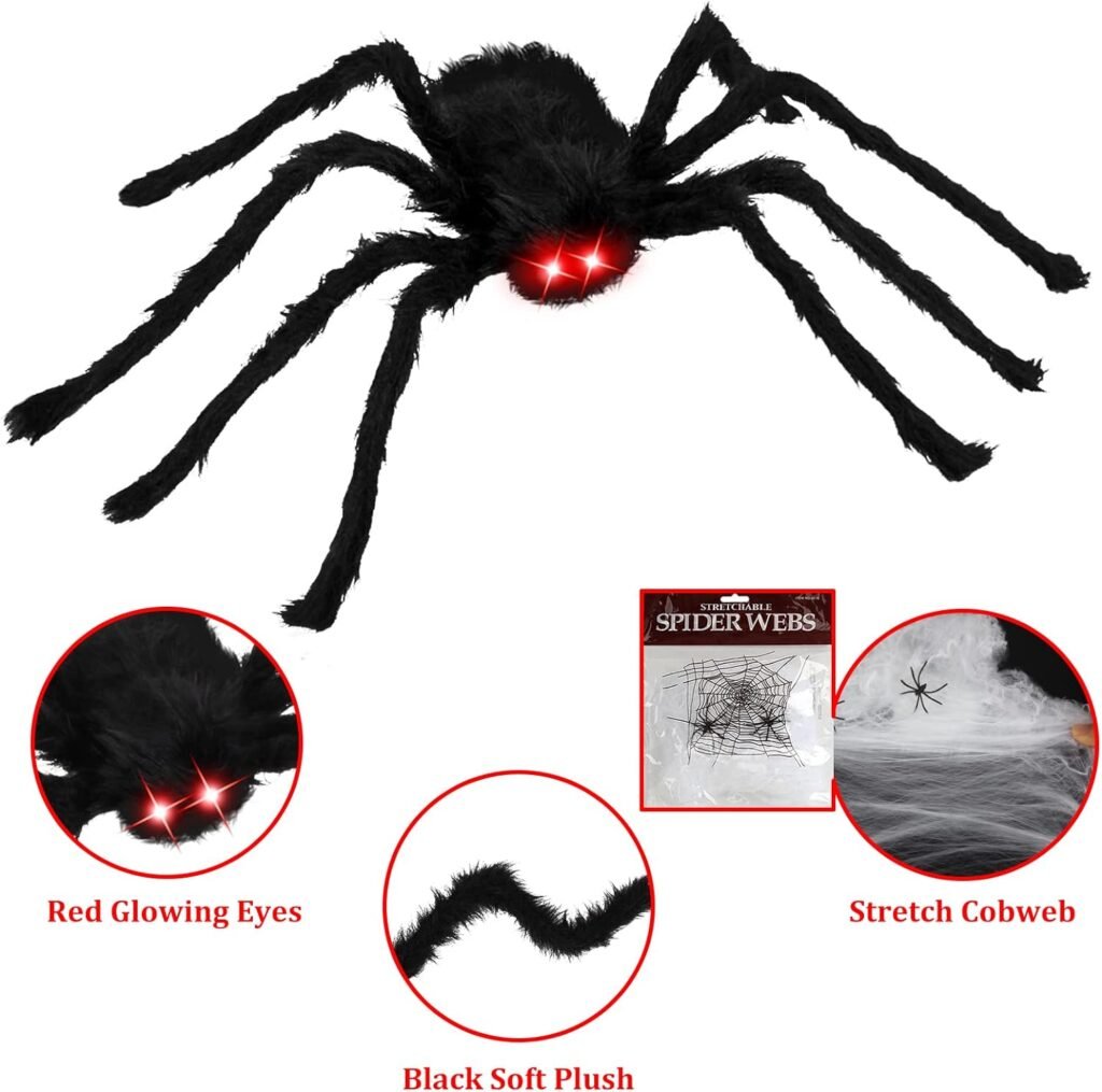 Colovis Halloween Spider Decorations, 1 x 4 FT Giant Spider and 2 x 2.5 FT Large Scary Spider, Realistic Light up Hairy Spider Props for Outdoor Indoor Party Decorations