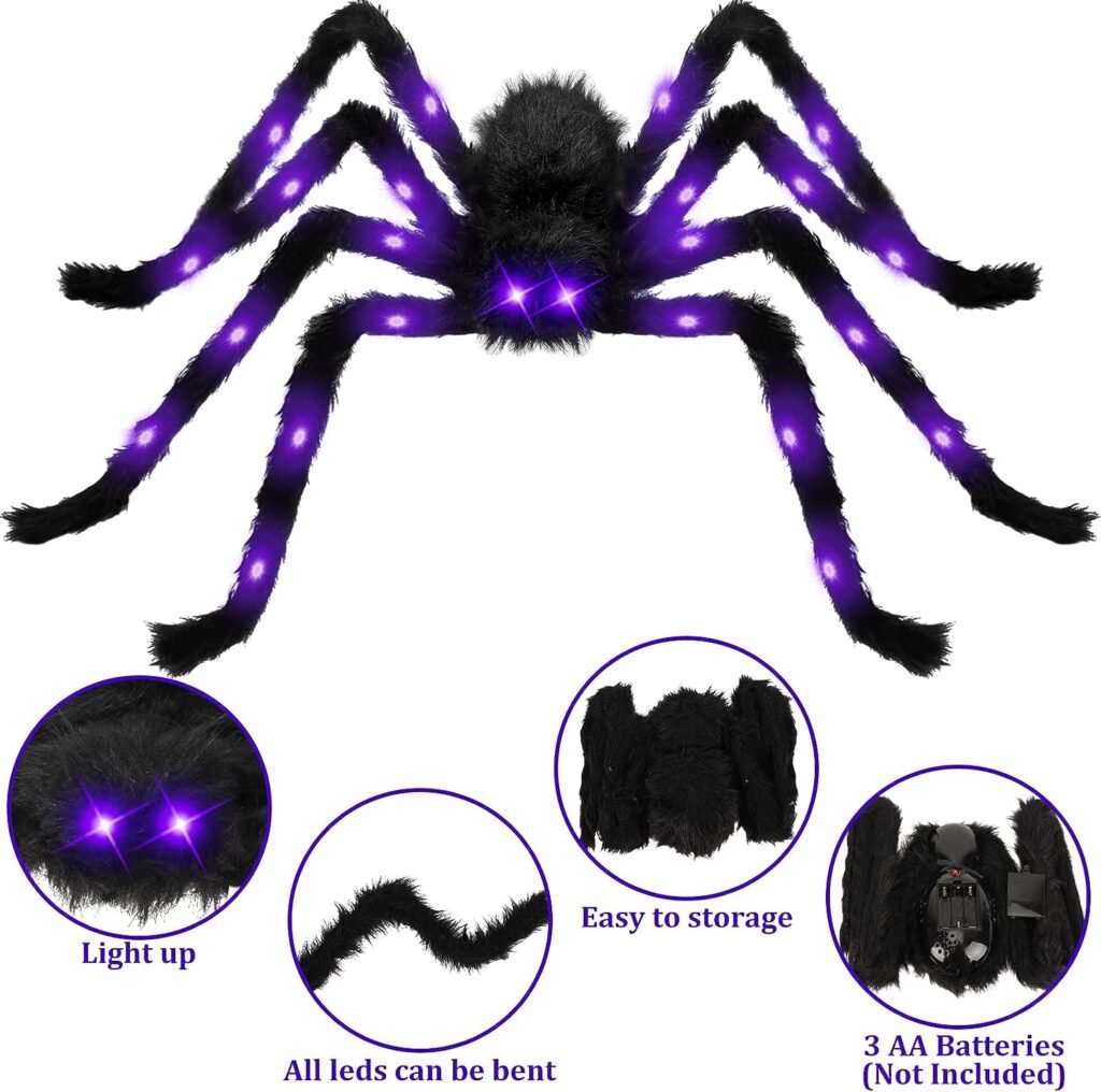 Colovis Halloween Spider Decorations, 1 x 4 FT Giant Spider and 2 x 2.5 FT Large Scary Spider, Realistic Light up Hairy Spider Props for Outdoor Indoor Party Decorations