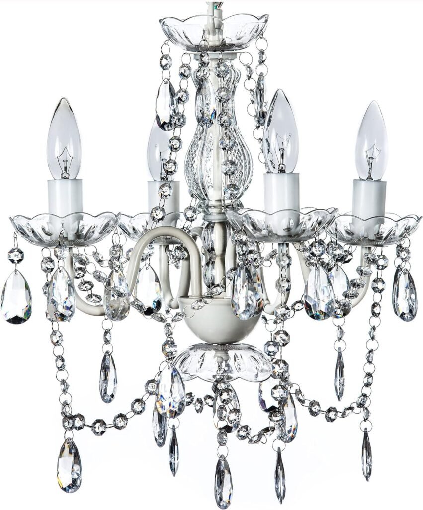 gypsy color The Original 4 Light Crystal White Hardwire Flush Mount Chandelier H17.5”xW15”, White Metal Frame with Clear Glass Stem and Clear Acrylic Crystals  Beads That Sparkle Just Like Glass