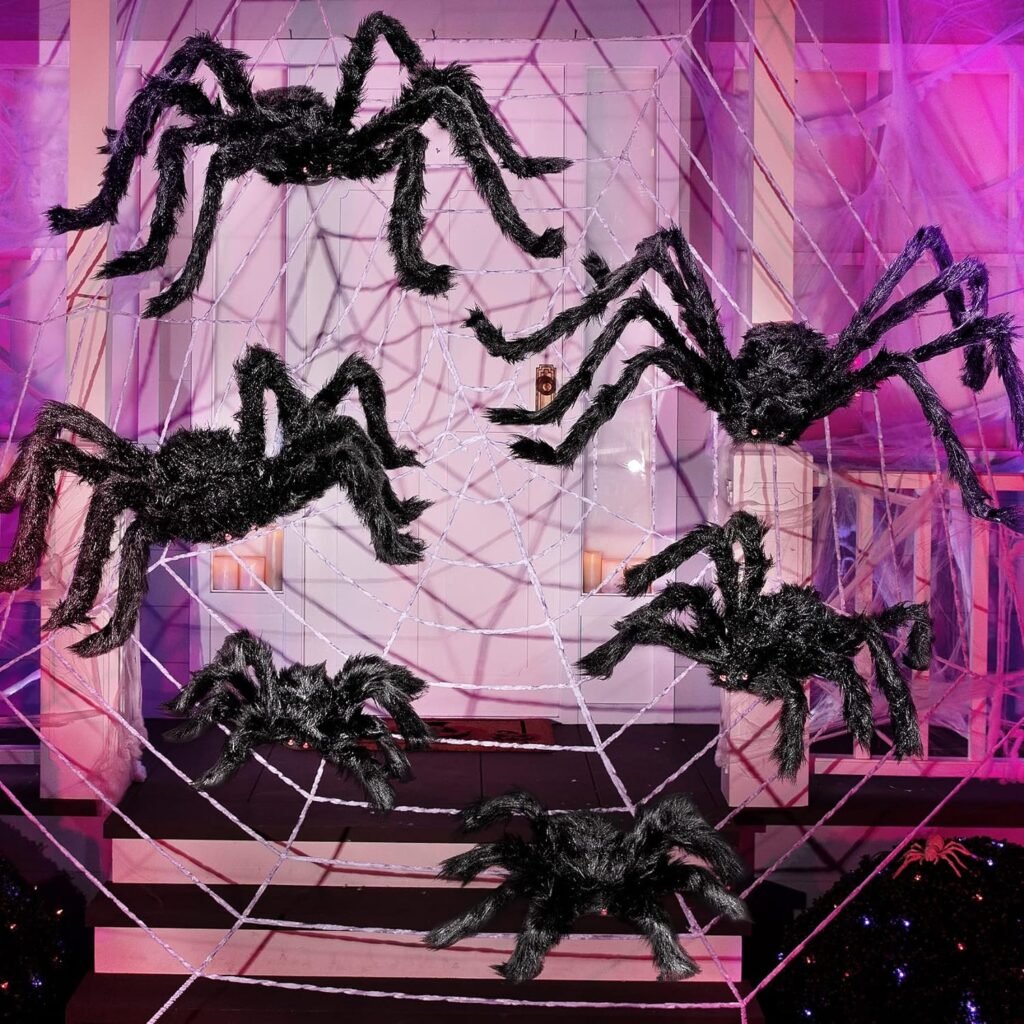 Halloween Realistic Hairy Spiders Set (6 Pack), Halloween Spider Props, Scary Spiders with Different Sizes for Indoor and Outdoor Decorations (35, 30, 24 17.5, 12, 12)