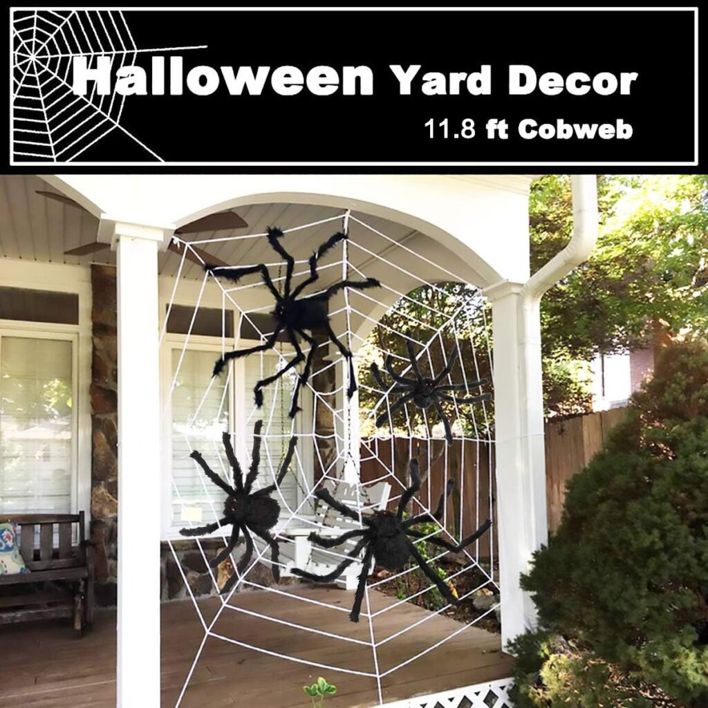 Halloween Spider Decorations, Aitey Halloween Scary Giant Spider Set with 4 Large Fake Spider, Spider Web, 20 Small Plastic Spiders, Cobwebs for Window Wall and Yard Outdoor Halloween Decor