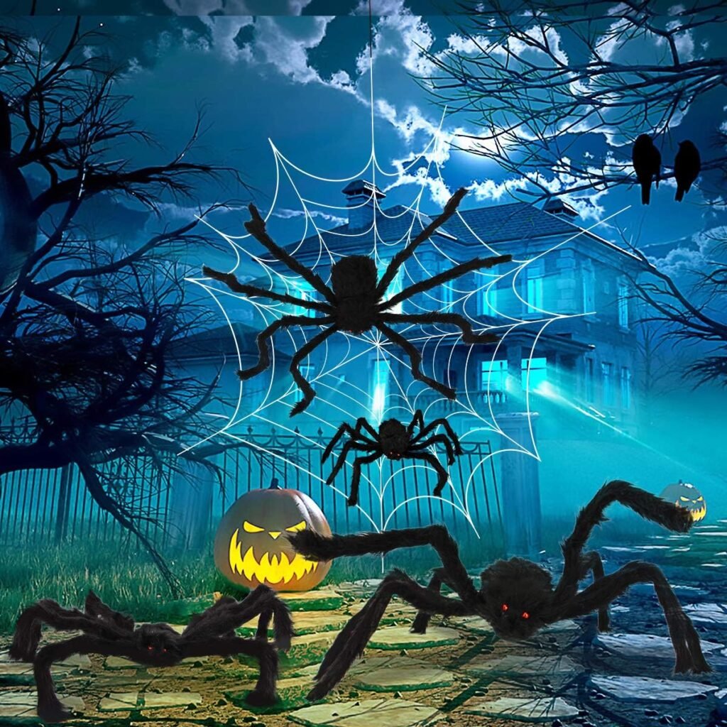 Halloween Spider Decorations, Aitey Halloween Scary Giant Spider Set with 4 Large Fake Spider, Spider Web, 20 Small Plastic Spiders, Cobwebs for Window Wall and Yard Outdoor Halloween Decor