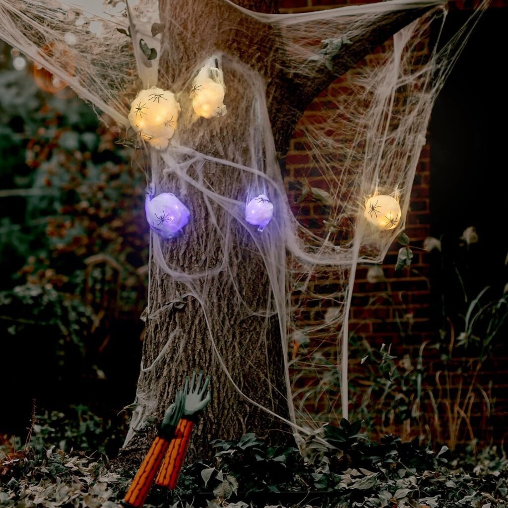 Halloween Spider Decorations Outdoor - 5pcs Light Up Halloween Hanging Spider Egg Sacks with Spider Web for Outside Halloween Prop Yard Garden Tree Decor
