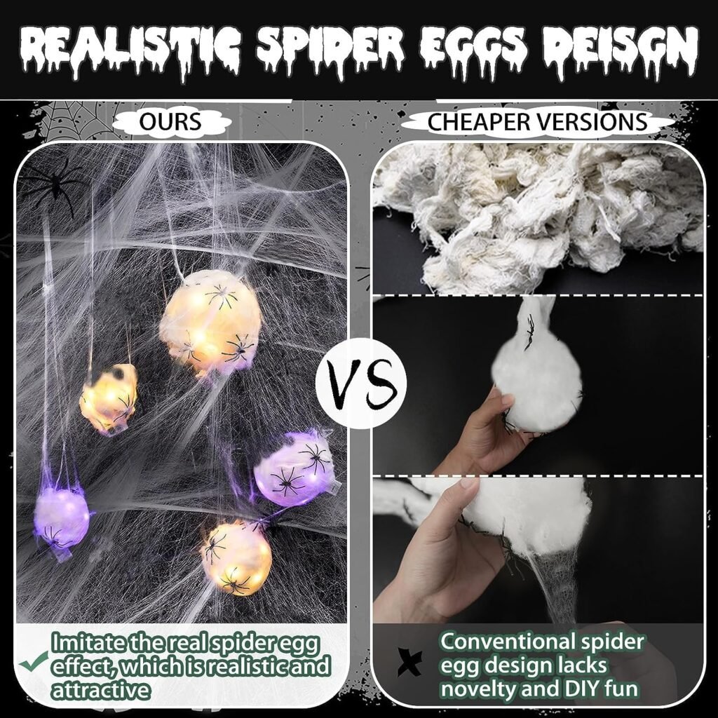 Halloween Spider Decorations Outdoor - 5pcs Light Up Halloween Hanging Spider Egg Sacks with Spider Web for Outside Halloween Prop Yard Garden Tree Decor