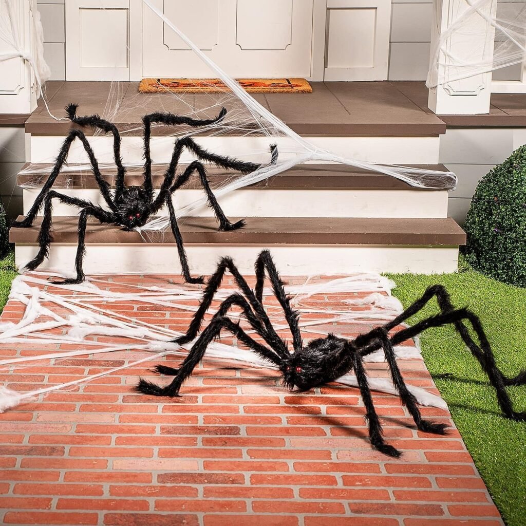 JOYIN 2 Pack 5 Ft. Halloween Outdoor Decorations Hairy Black Spider, Scary Giant Spider Fake Large Spider Hairy Spider Props for Halloween Yard Decorations Party Decor