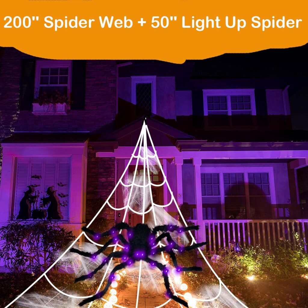 Mchochy Spider Webs Halloween Decorations, 50 Light-up Giant Spider + 200 Giant Triangular Spider Web + 40g Stretch Cobwebs for Halloween Decorations Outdoor Indoor Yard Home Parties House Décor