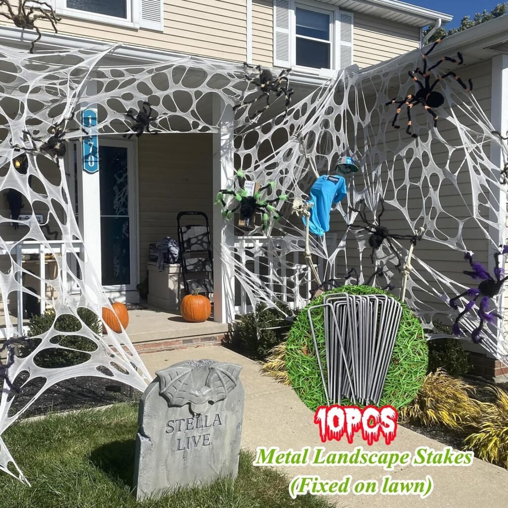 SIXVALA Giant Halloween Spider Web Indoor/Outdoor Decorations, Stretchy Cobwebs, Cut-Your-Own Flexible with 10 Pcs Metal Landscape Stakes for Decor, Haunted House, Yard Decoration, White