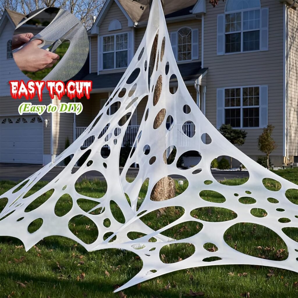 SIXVALA Giant Halloween Spider Web Indoor/Outdoor Decorations, Stretchy Cobwebs, Cut-Your-Own Flexible with 10 Pcs Metal Landscape Stakes for Decor, Haunted House, Yard Decoration, White