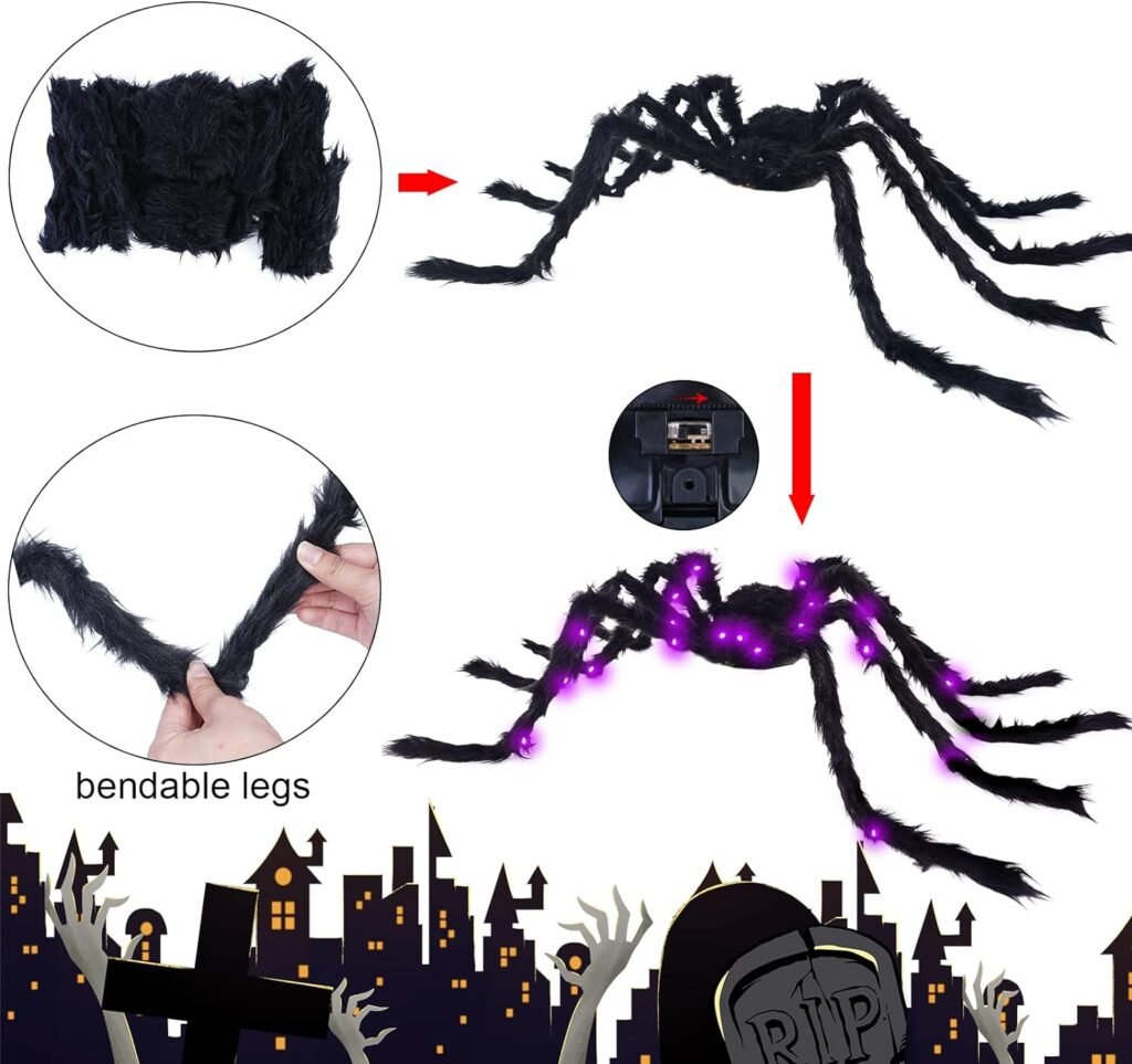 VOMAOK Halloween Spider Decorations 4ft Light Up Giant Spider(2 Pack) for Indoor Outdoor Halloween Decorations Yard Party House Décor