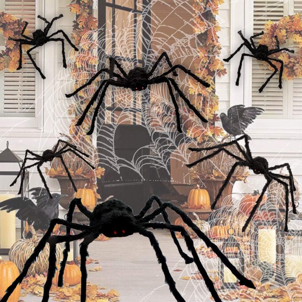 WESPREX 3 Pack Halloween Realistic Spider Decoration Set, Scary Hairy Giant Spiders with Red Eyes, Bendable Legs for Patio, Yard, House, Wall Outdoor Decoration 5 FT and 3 FT (1 pc 59’’, 2 pcs 35.4’’)