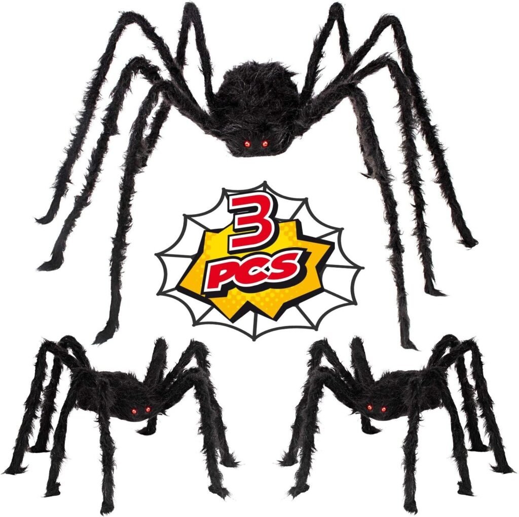 WESPREX 3 Pack Halloween Realistic Spider Decoration Set, Scary Hairy Giant Spiders with Red Eyes, Bendable Legs for Patio, Yard, House, Wall Outdoor Decoration 5 FT and 3 FT (1 pc 59’’, 2 pcs 35.4’’)
