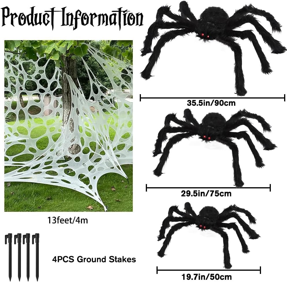 XIMISHOP Spider Webs Halloween Decorations + 3pack Spiders Props Stretchy Beef Netting Spider Web for Halloween Indoor Outdoor Party Decoration（35.5”,29.5”,19.7”