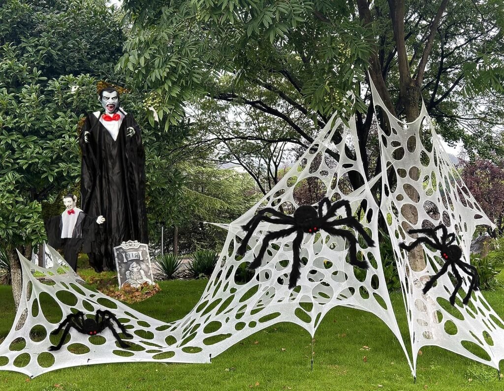 XIMISHOP Spider Webs Halloween Decorations + 3pack Spiders Props Stretchy Beef Netting Spider Web for Halloween Indoor Outdoor Party Decoration（35.5”,29.5”,19.7”