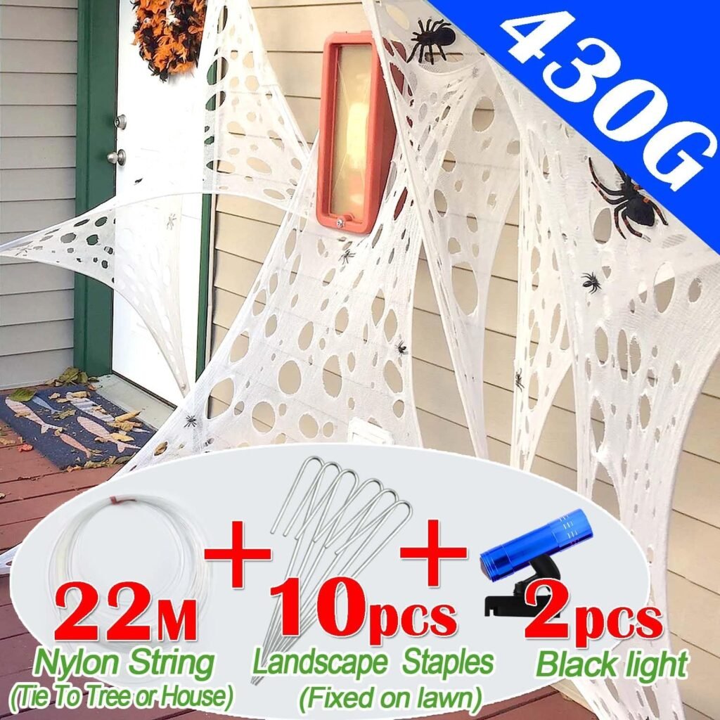 YHFUISK Glow in The Dark Giant Spider Webs Halloween Decorations Outdoor, Blacklight Stretchy Beef Netting for Halloween Party, Spider Web Halloween Indoor Outdoor Decor for Haunted House