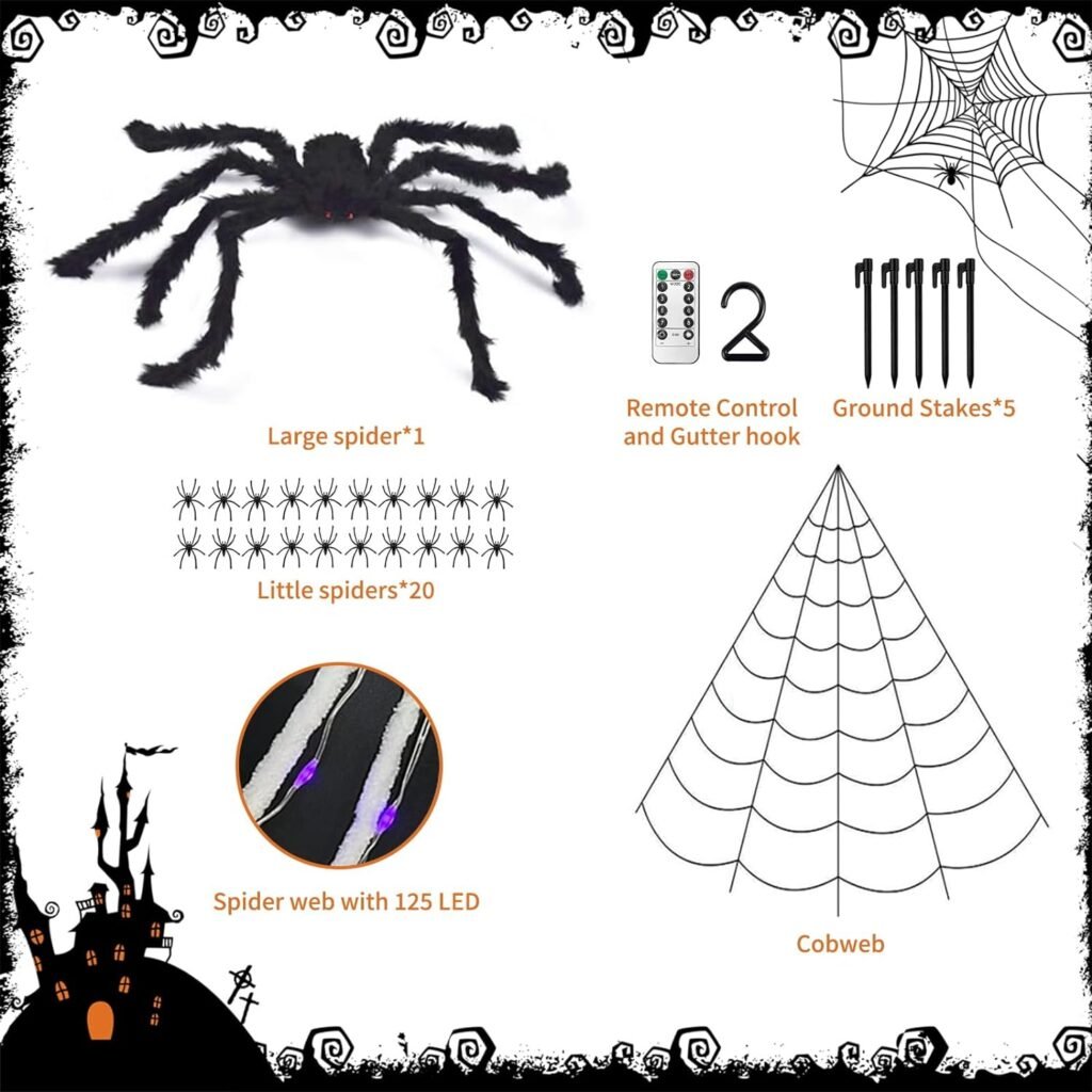 16FT Halloween Spider Web Lights Decorations - 125 LED, Waterproof, 8 Modes Twinkle Flash Remote Control -Giant Scary Cobweb Decor for Indoor  Outdoor Yard, Home, Parties