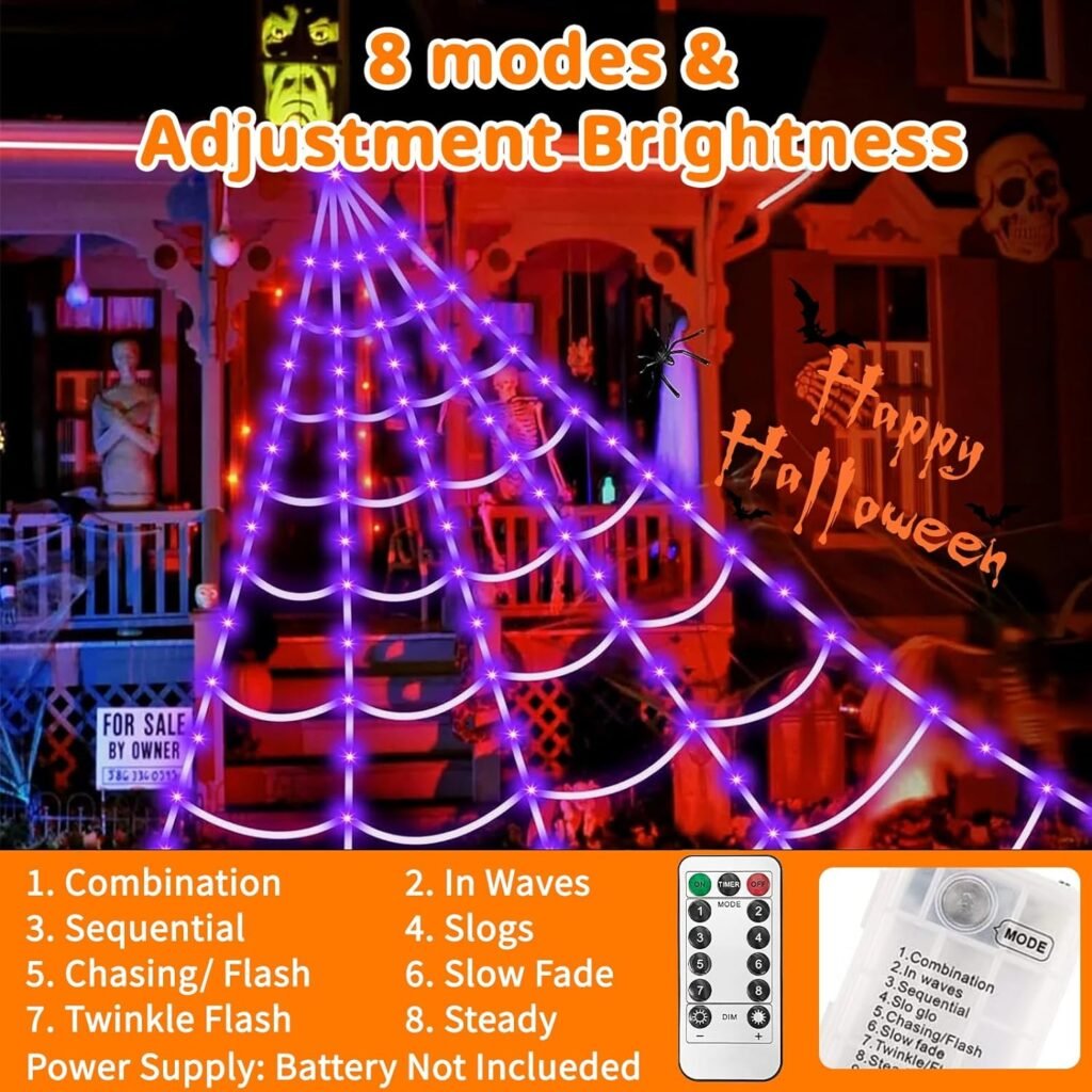 16FT Halloween Spider Web Lights Decorations - 125 LED, Waterproof, 8 Modes Twinkle Flash Remote Control -Giant Scary Cobweb Decor for Indoor  Outdoor Yard, Home, Parties
