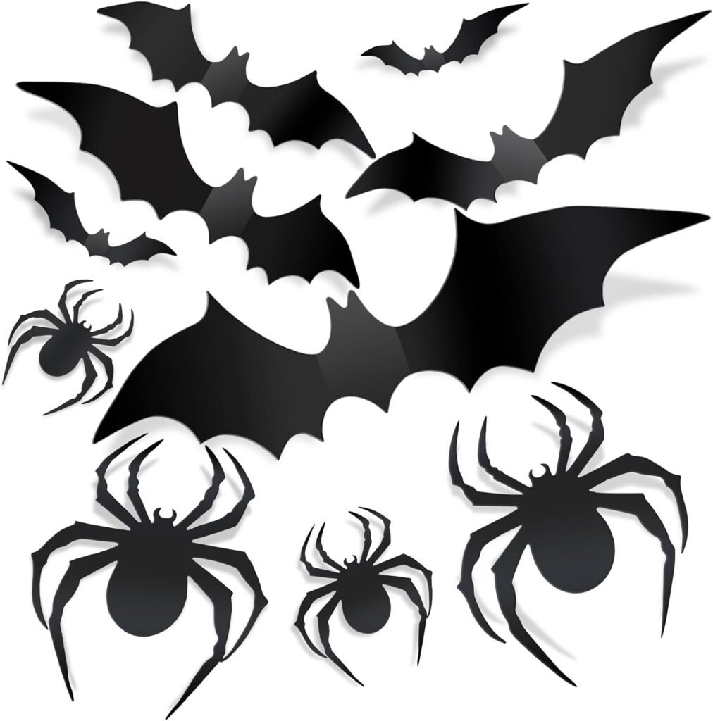 80 Pcs Halloween Decorations 3D Bat and Spider Stickers Decor, Halloween Home Decoration Stickers DIY Halloween Party Supplies, 56 Bats and 24 Spiders Decors