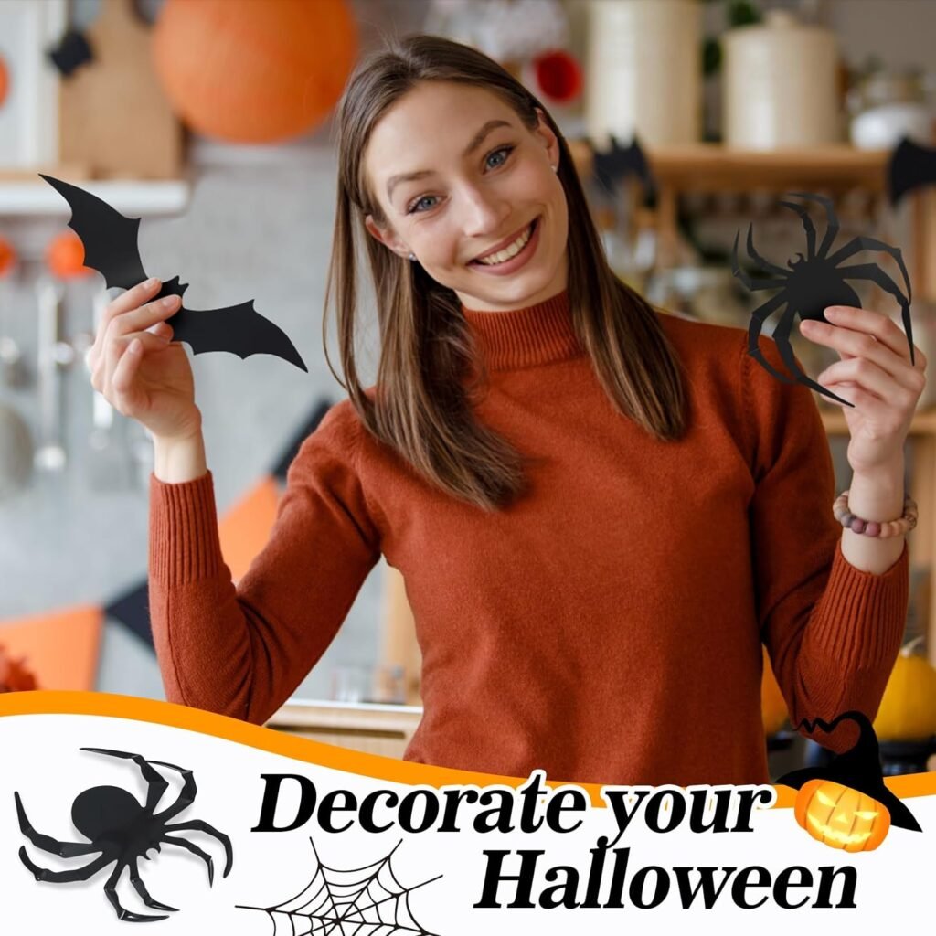 80 Pcs Halloween Decorations 3D Bat and Spider Stickers Decor, Halloween Home Decoration Stickers DIY Halloween Party Supplies, 56 Bats and 24 Spiders Decors